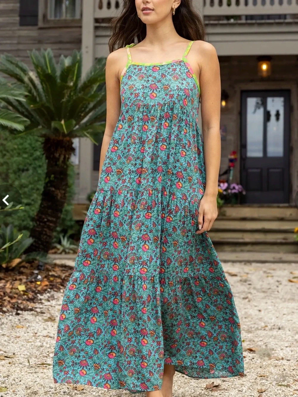 Natural Life Maddie Maxi Dress Turquoise Pink Fan Floral Sz L - Picture 2 of 7